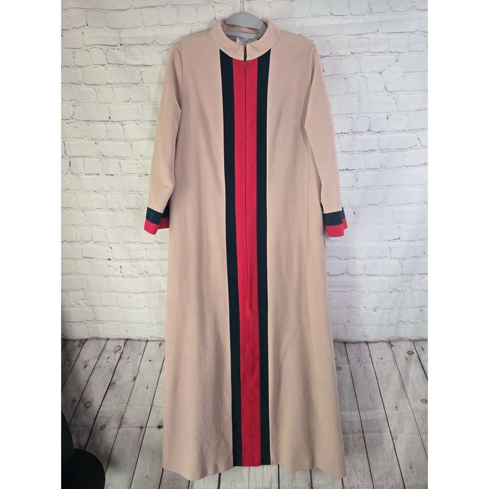 Vtg 70s Vanity Fair Granny Gown Full Zip Striped Robe Caftan Sz 12 USA Retro